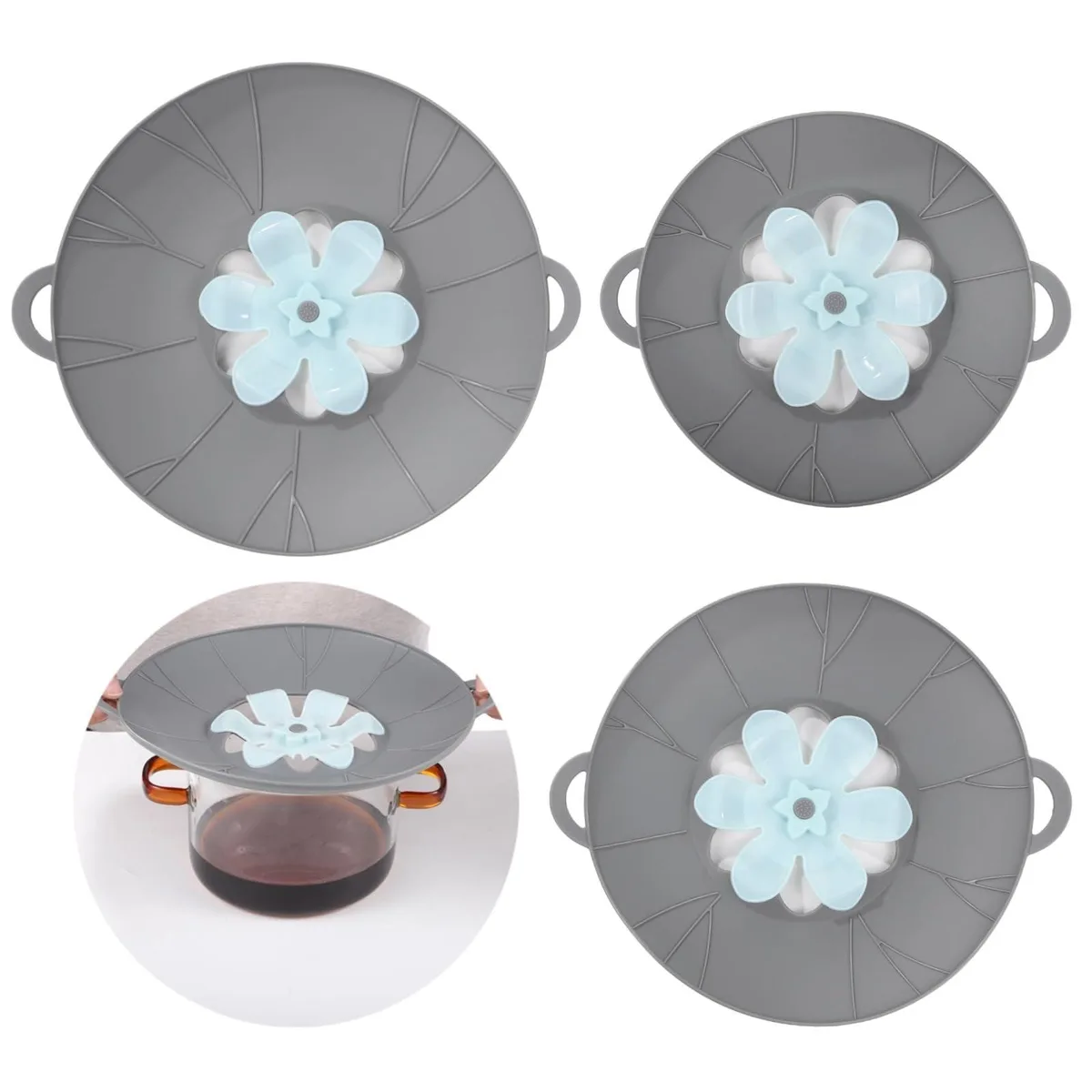 Three flexible silicone lids in 9.3, 10.2 and 11.6 inch diameters with flower vents and side handles