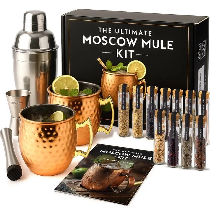 Moscow Mule kit with two 16 oz copper mugs, 550ml stainless steel shaker, jigger, muddler, 11 botanical tubes and recipe guide