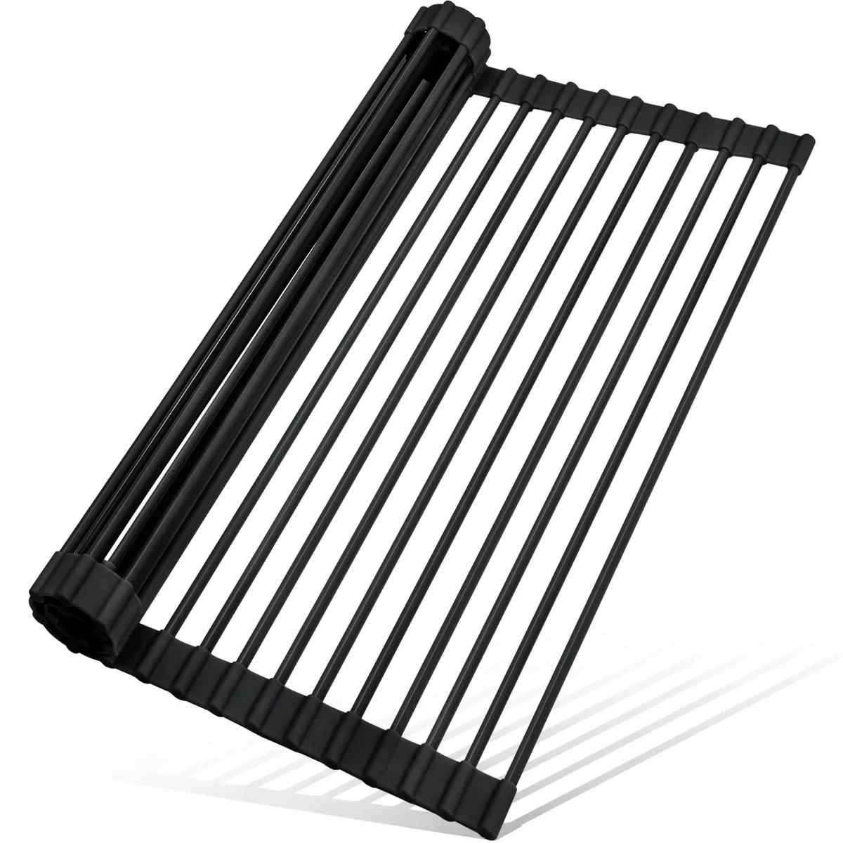 Black silicone-wrapped roll-up dish drying rack measuring 20.5 by 13.1 inches
