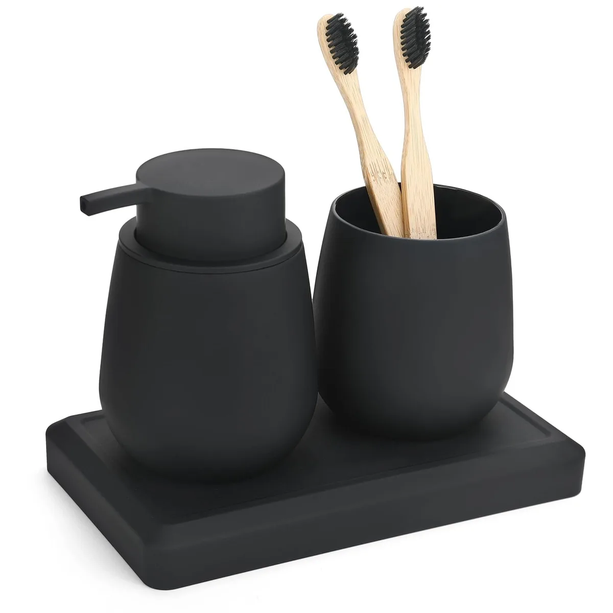 Black three-piece bath set with soap dispenser, toothbrush holder and tray