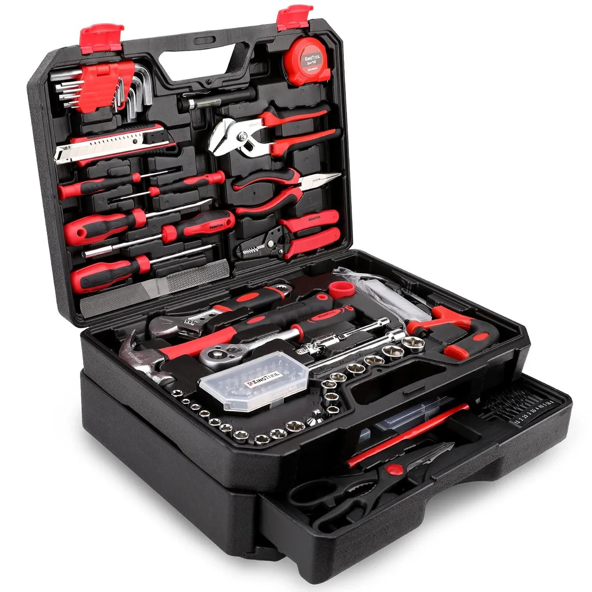 Silver tool chest with single sliding drawer, 325-piece set inside, 16.1 by 12.2 by 6.2 inches