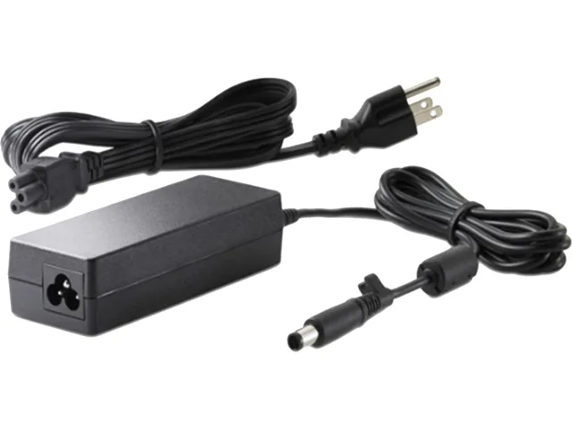 Black rectangular AC adapter brick with rounded edges and matte finish