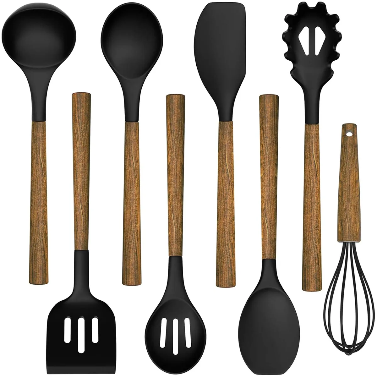 Eight black silicone cooking tools with natural acacia wooden handles in a set