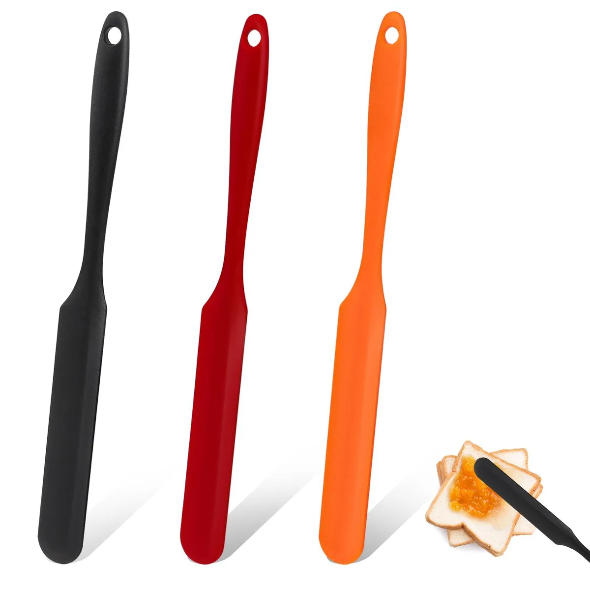 Three rectangular silicone jar spatulas 23.8 cm long with long handles and hanging holes