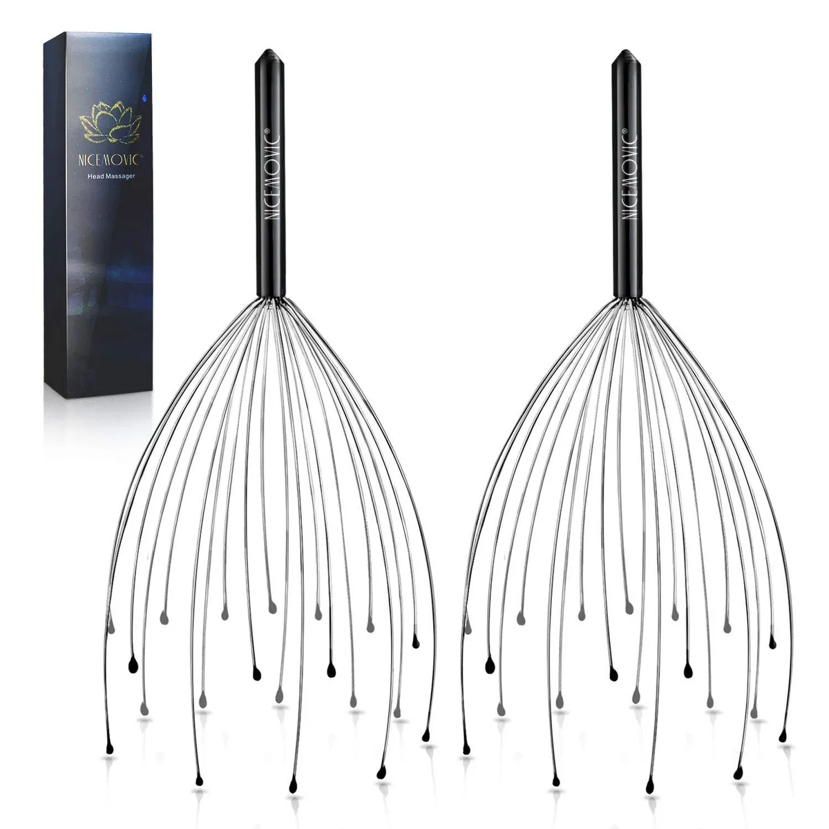 Two black 20-finger scalp massagers with rubber beads, manual handle design