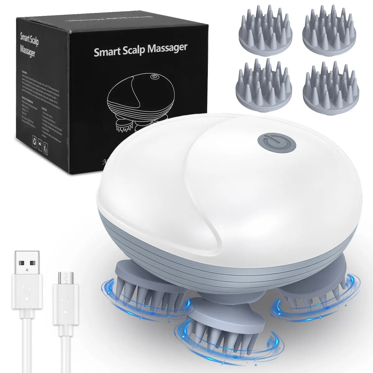 White round electric scalp massager with four silicone heads and 96 nodes