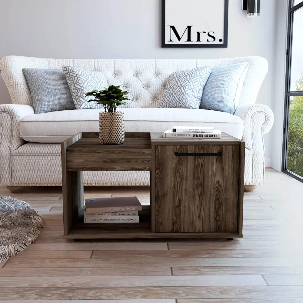 Dark walnut coffee table with open shelf and single door cabinet