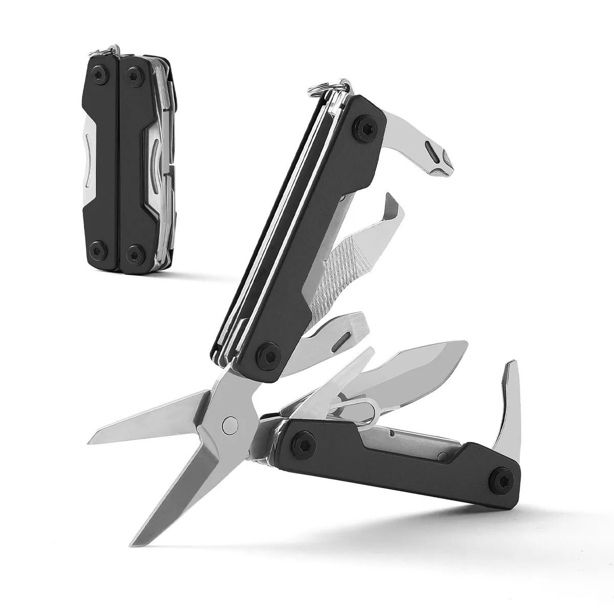 Compact black stainless steel 11-in-1 multitool with scissors, knife, screwdriver and keyring