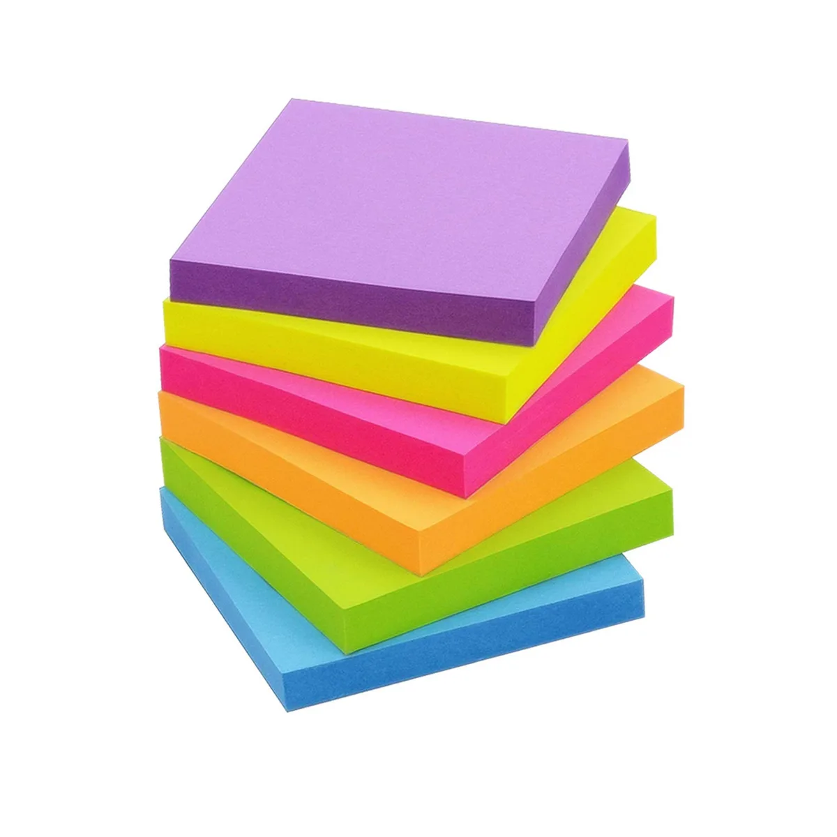 Six square sticky-note pads in bright colours, 3 by 3 inches each
