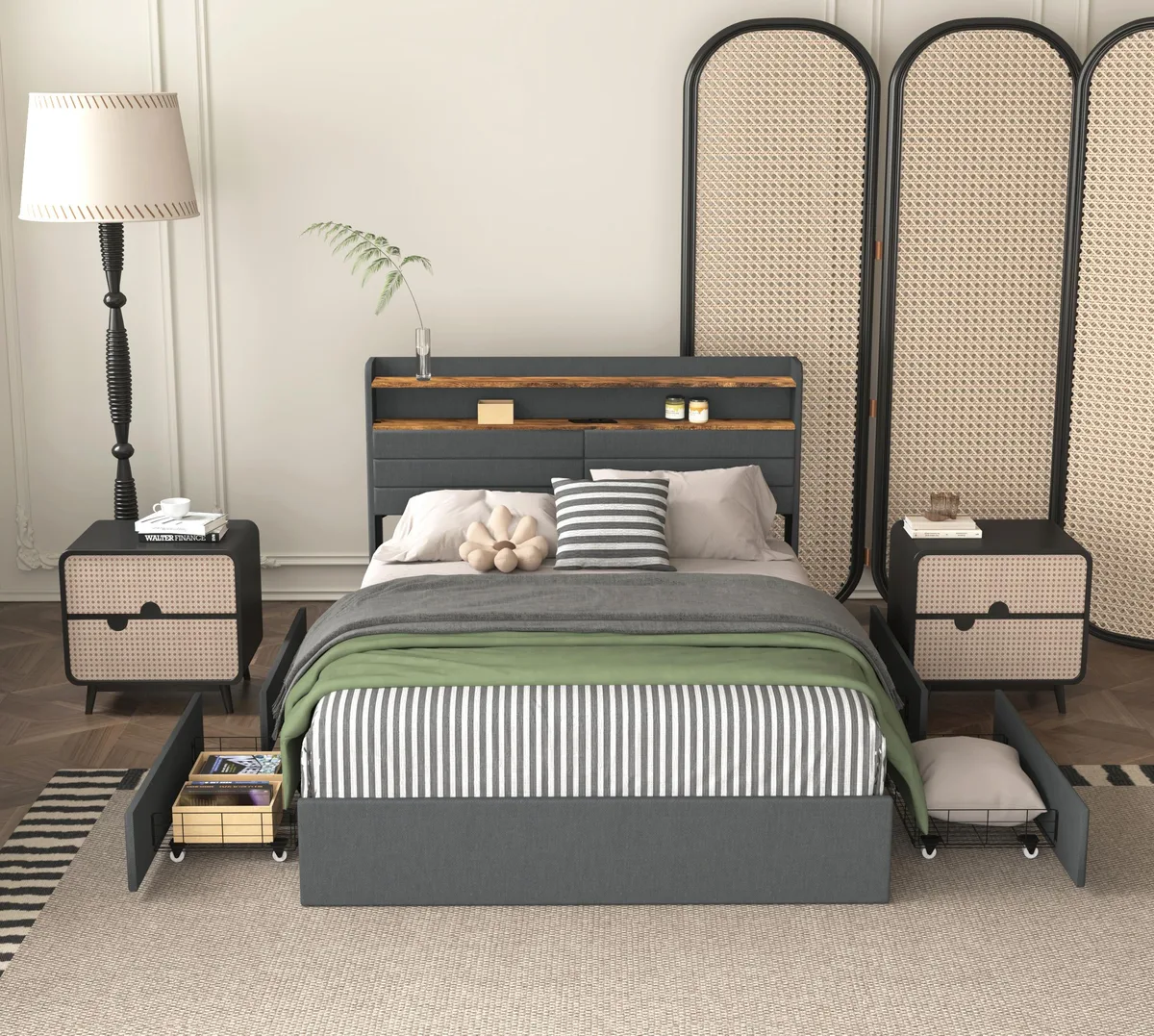 tuphen tuphen Queen Bed Frame with 4 Storage Drawers, LED Light, Charging Station, Black+ Gray — product photo