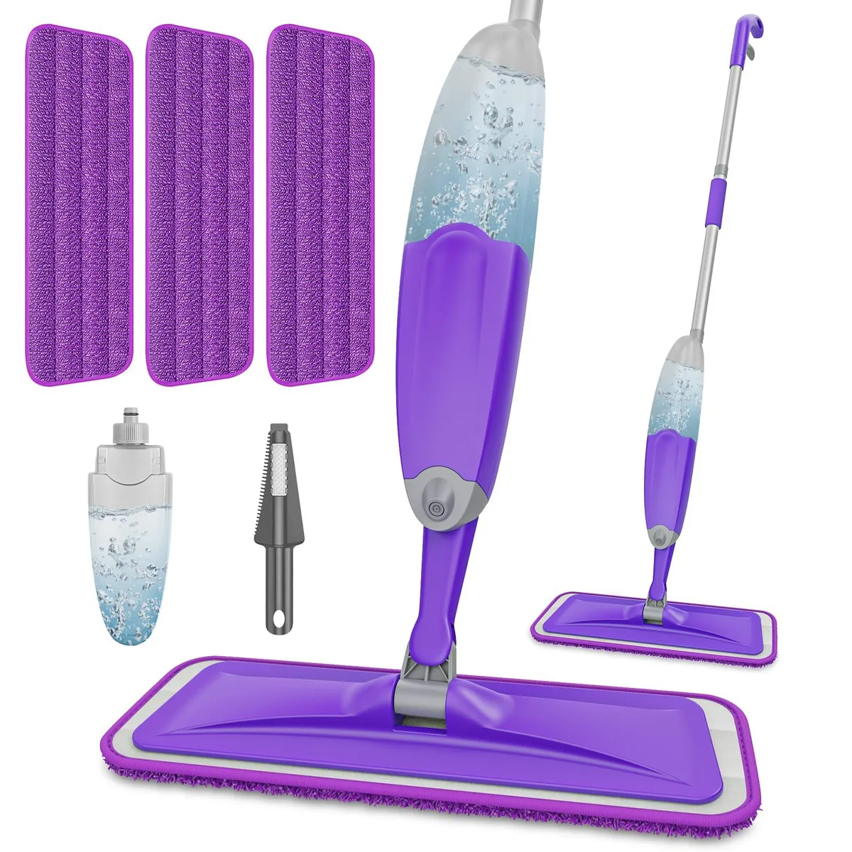 White 3M spray mop with rotating head, reusable bottle and three microfiber pads