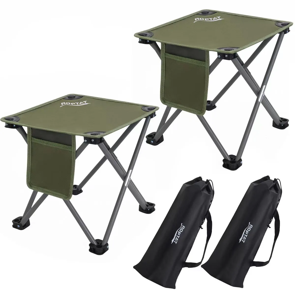 Two dark-green folding stools with metal frames and fabric seats, shown folded and in carry bag