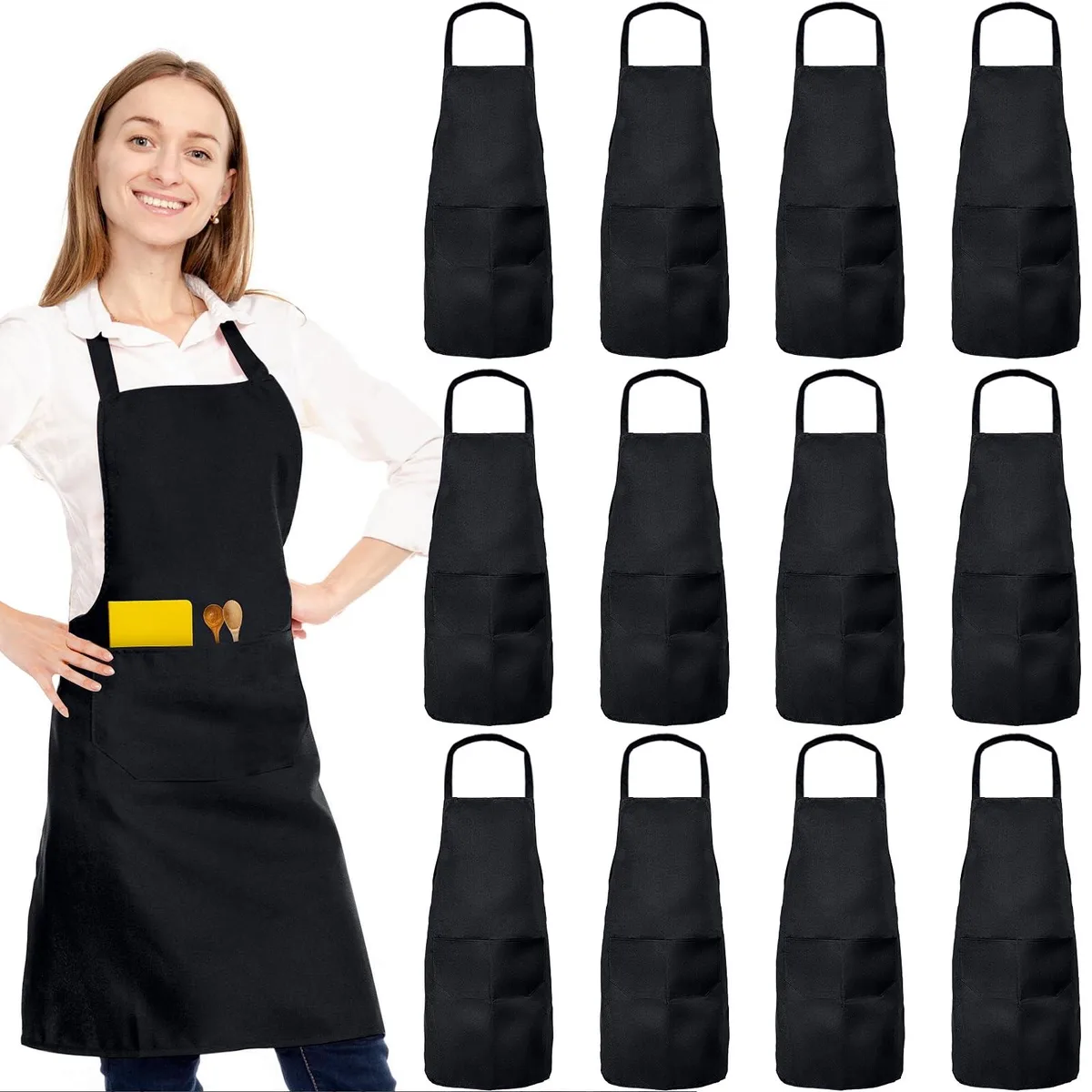 Twelve black bib aprons with two front pockets and long ties