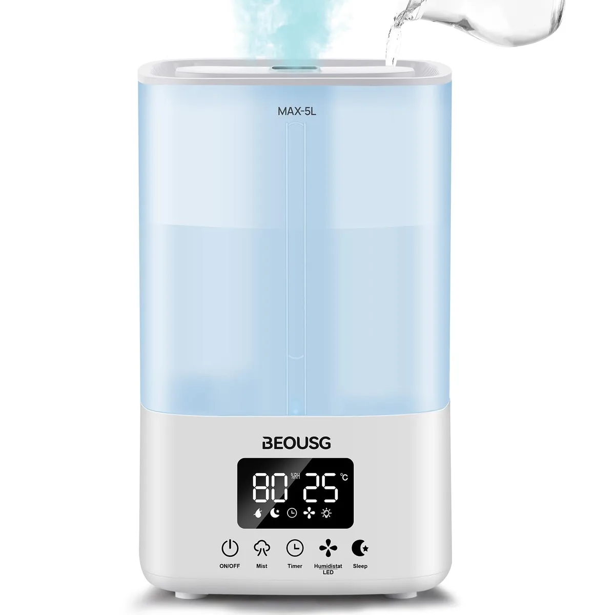 White vertical ultrasonic humidifier with 5L top-fill tank and control panel