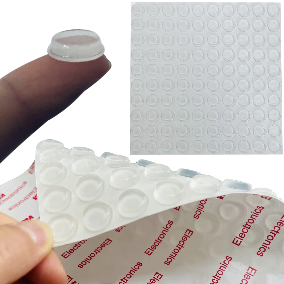 Clear silicone cylindrical bumpers on a sheet, 12.7mm diameter, 3.5mm thick, 100 pieces