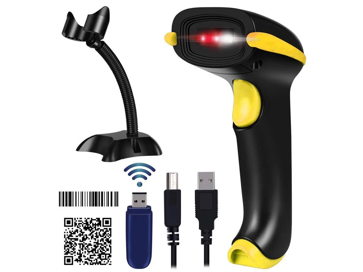 Handheld barcode scanner with matte black finish and matching charging stand