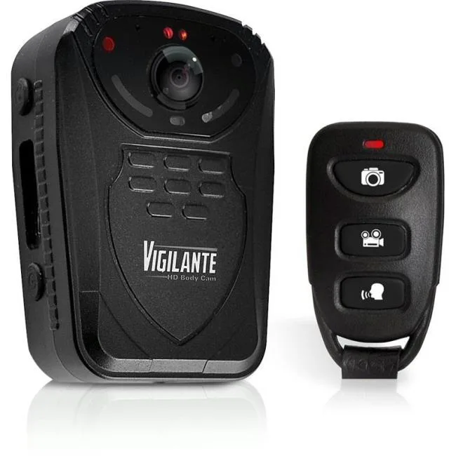 Compact white surveillance camera with cable port, CMOS sensor, two mounting clips and keychain remote control