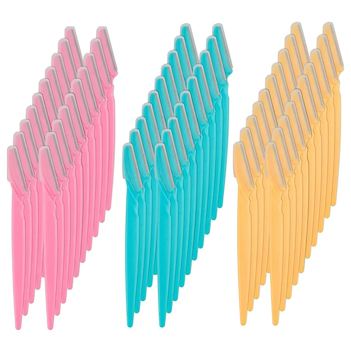 Pack of 62 small eyebrow razors in blue pink and yellow with protective covers