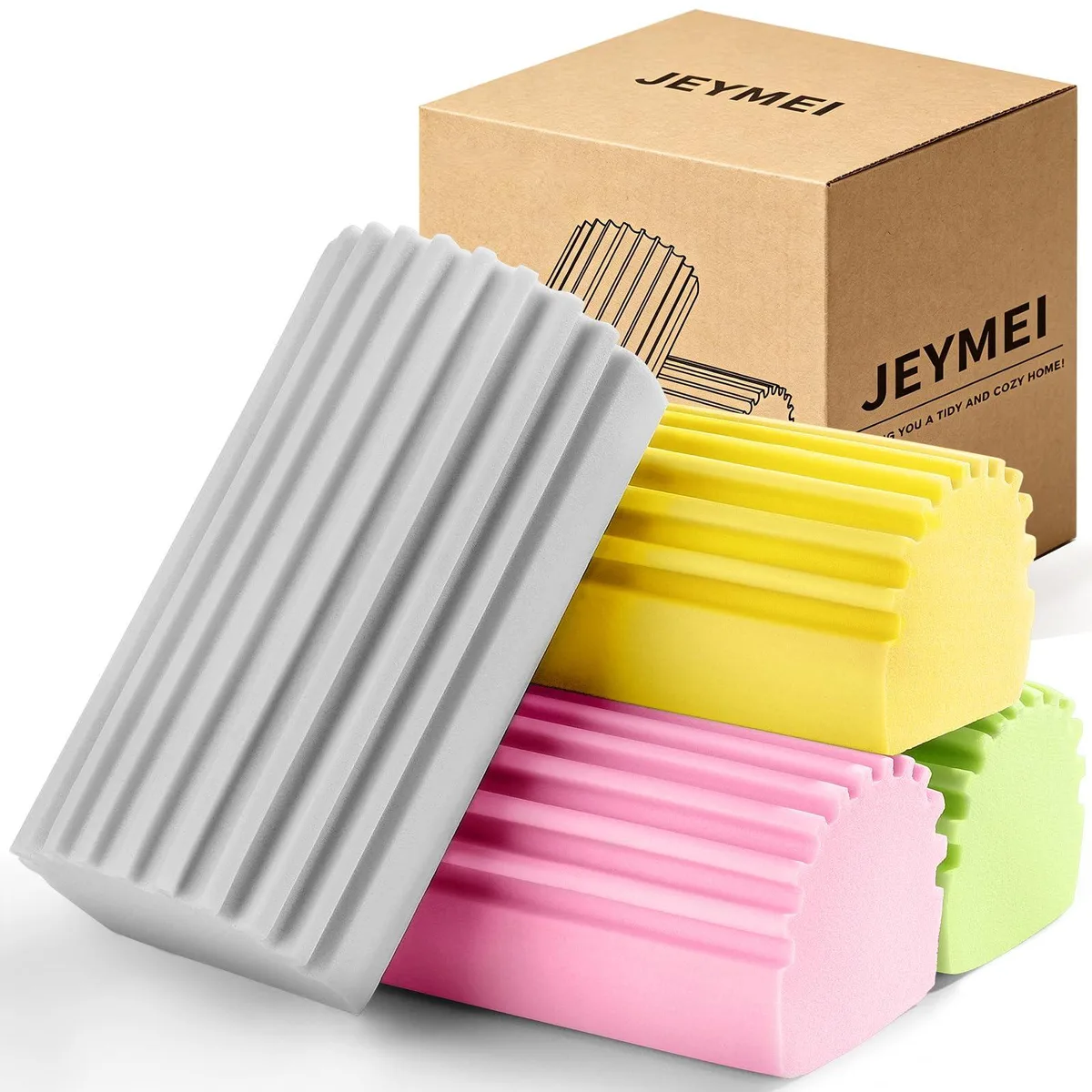 Four rectangular damp-clean sponges in grey, yellow, pink and green, each with ridged U-shaped texture