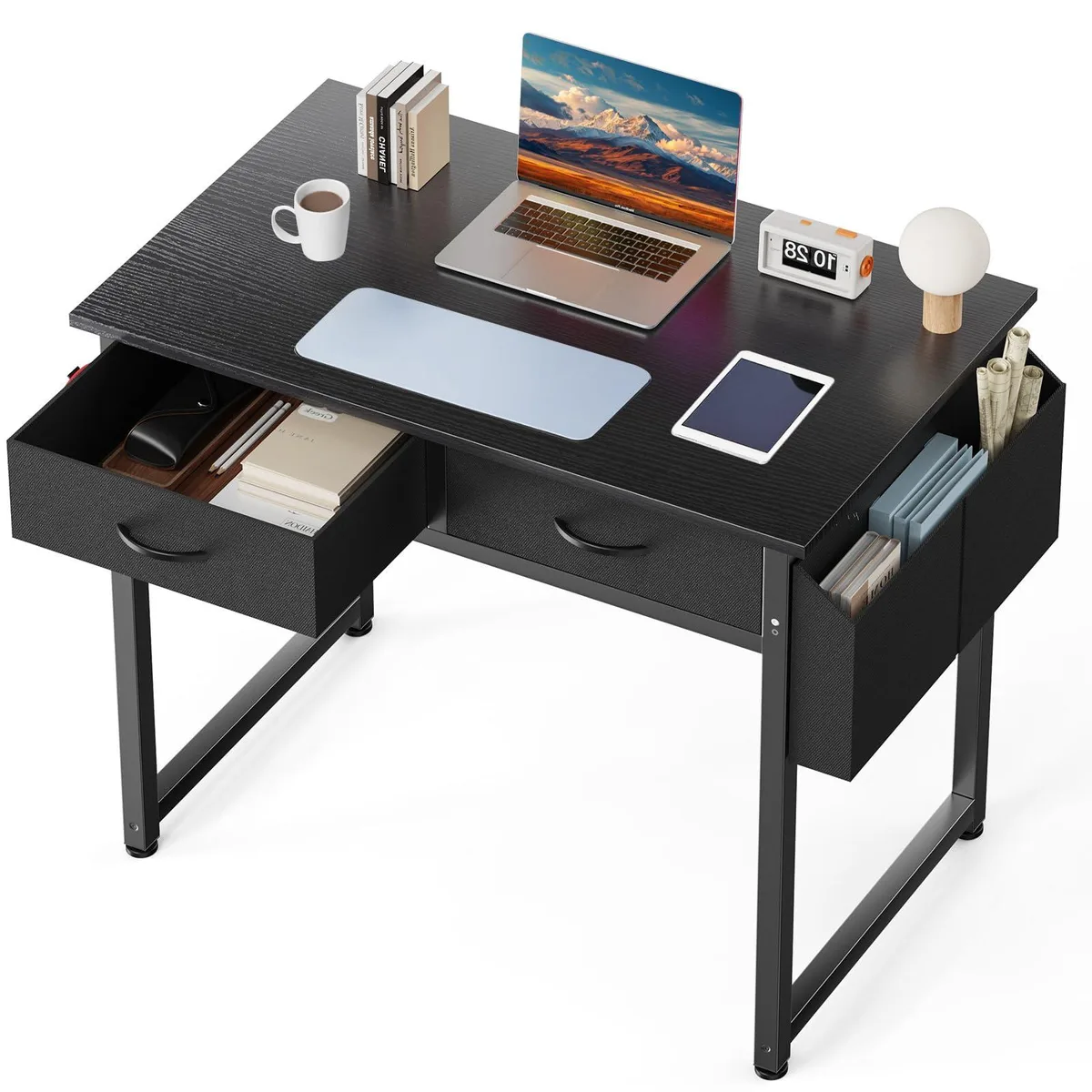 Rectangular black desk with metal frame, two fabric drawers, side bag and headphone hook