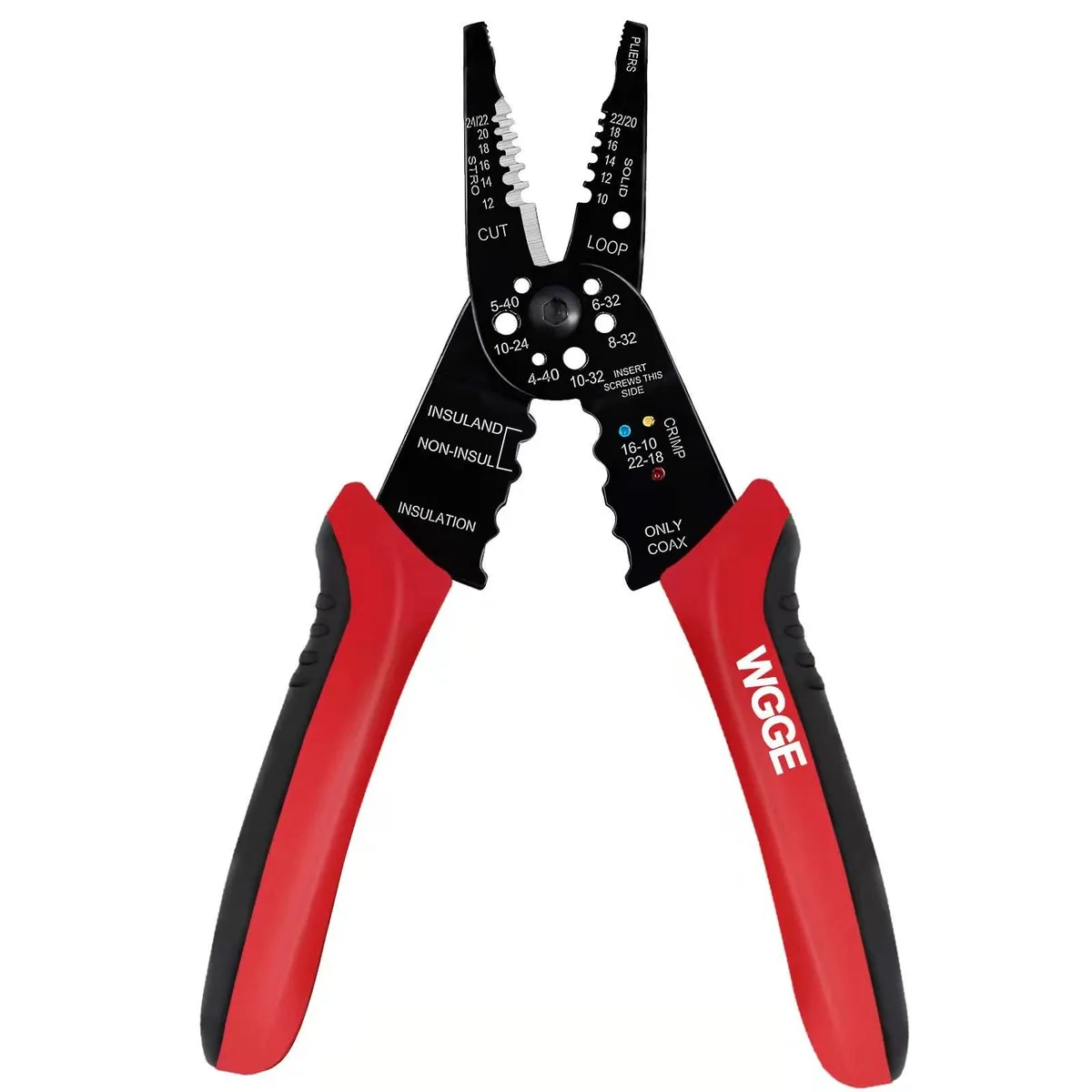 Red-handled 8-inch wire stripper crimper with curved grips