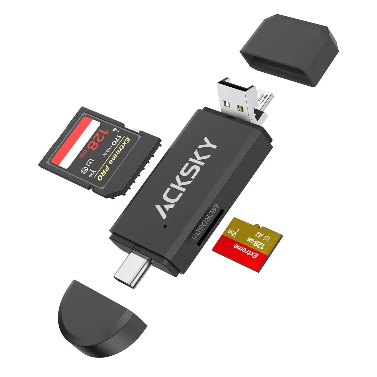 Compact card reader with three connectors and two slots