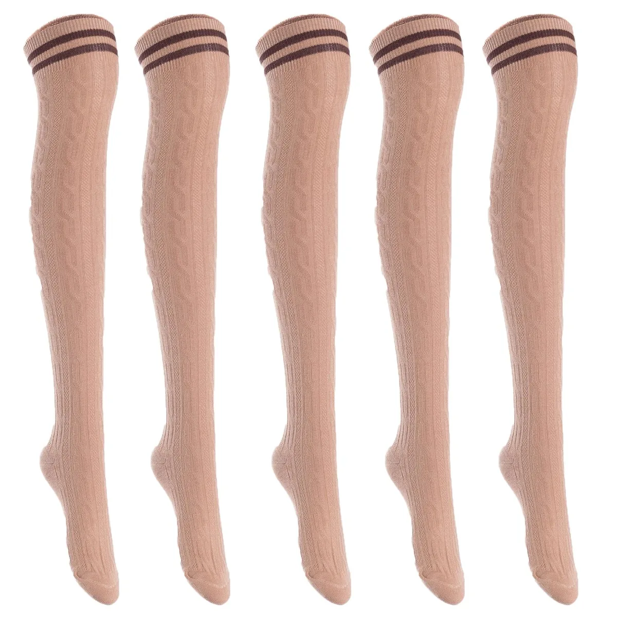 Khaki over-the-knee cotton socks, five pairs, ribbed cuffs, smooth matte finish