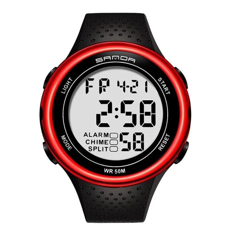 Red digital watch round resin case rubber strap 46mm