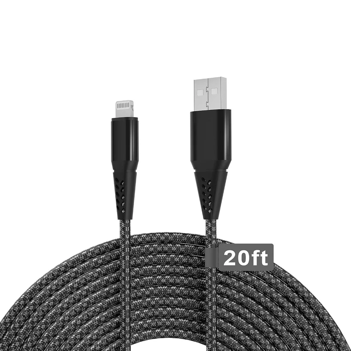 A twenty-foot nylon-braided Lightning cable with USB-A connector, coiled in a loose loop