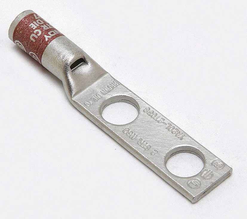 Copper compression lug with two bolt holes, straight tongue, brown color code