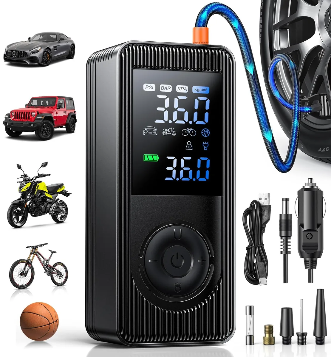 Black portable air compressor with LCD display and LED light