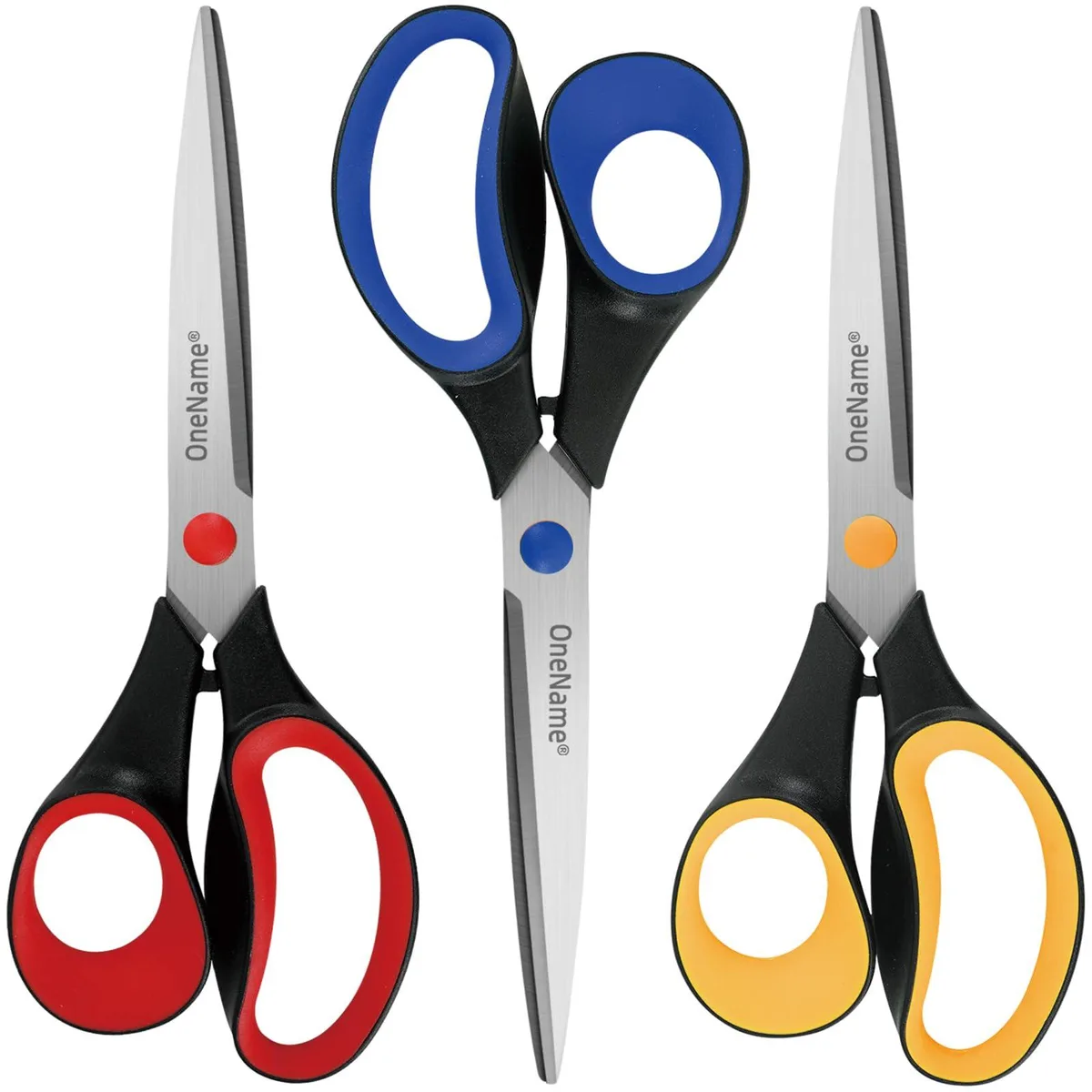 Three black 8-inch scissors with stainless steel blades and comfort-grip handles