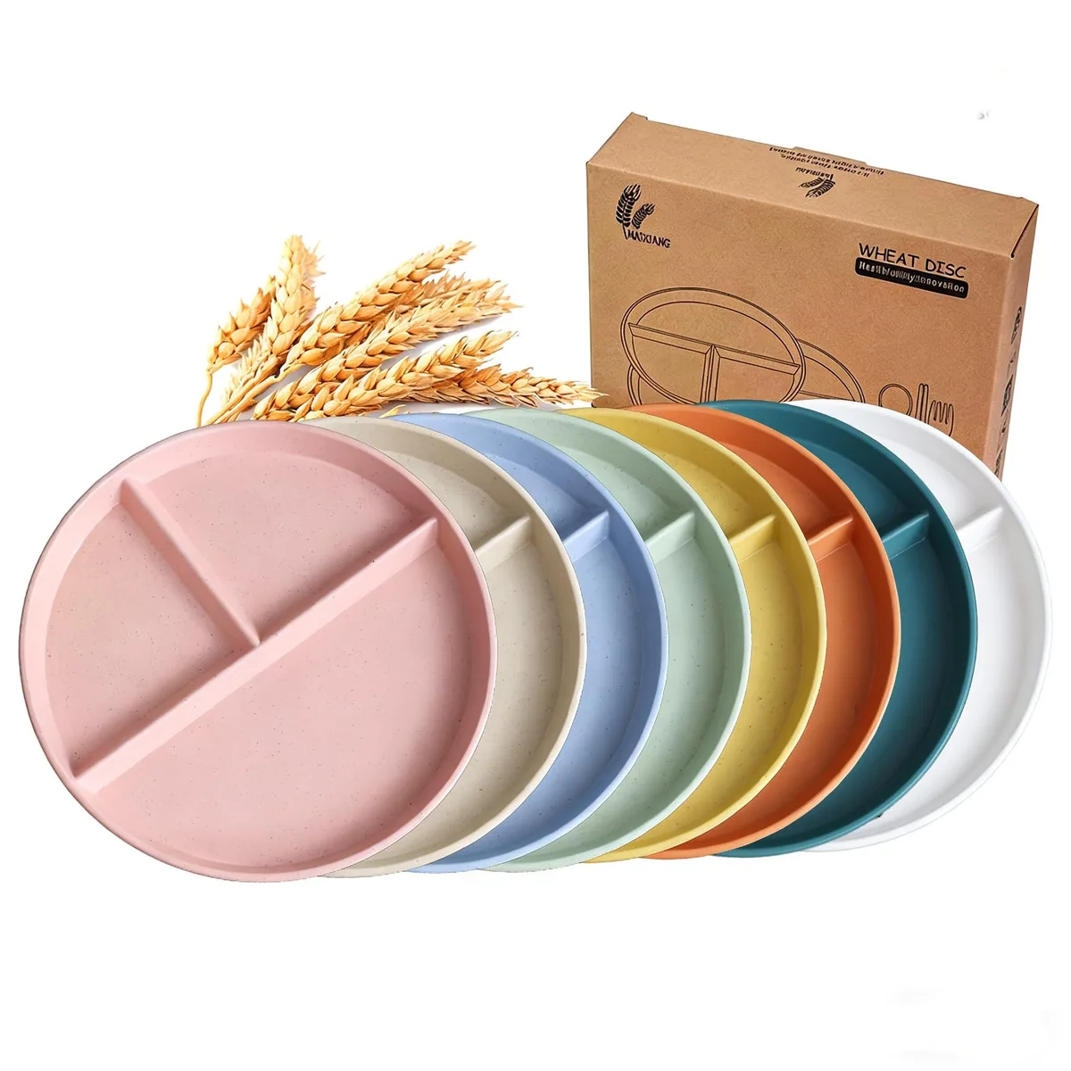 White rectangular wheat-straw plates with three compartments, 30 pack