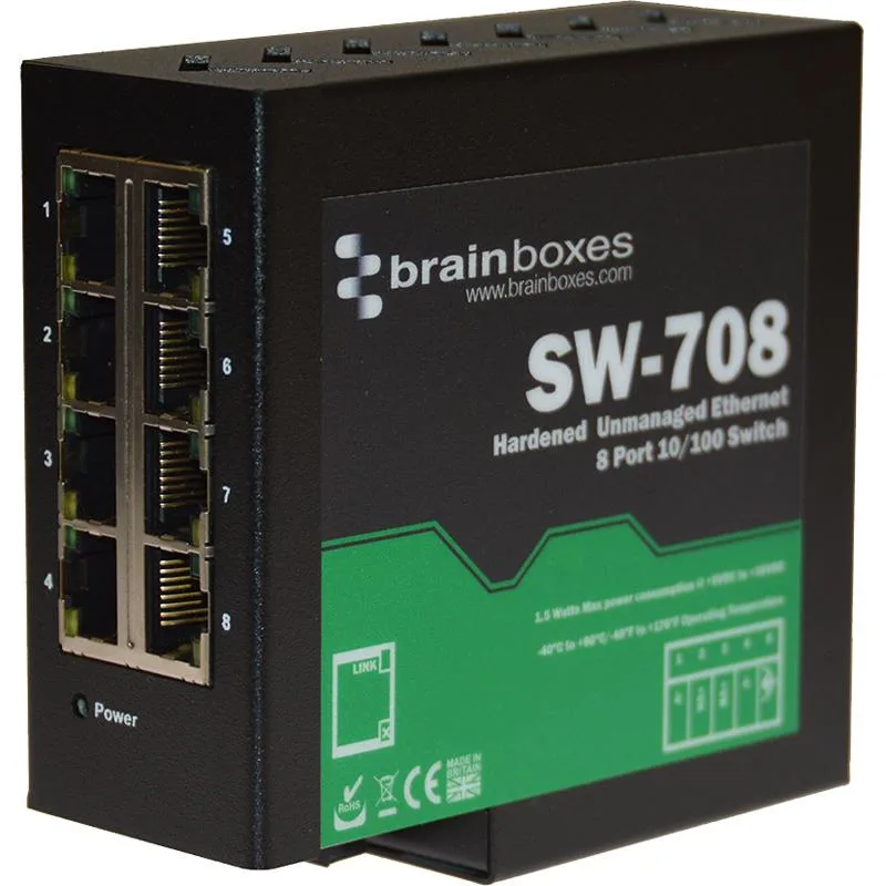 Compact grey metal DIN-rail switch with eight RJ45 ports