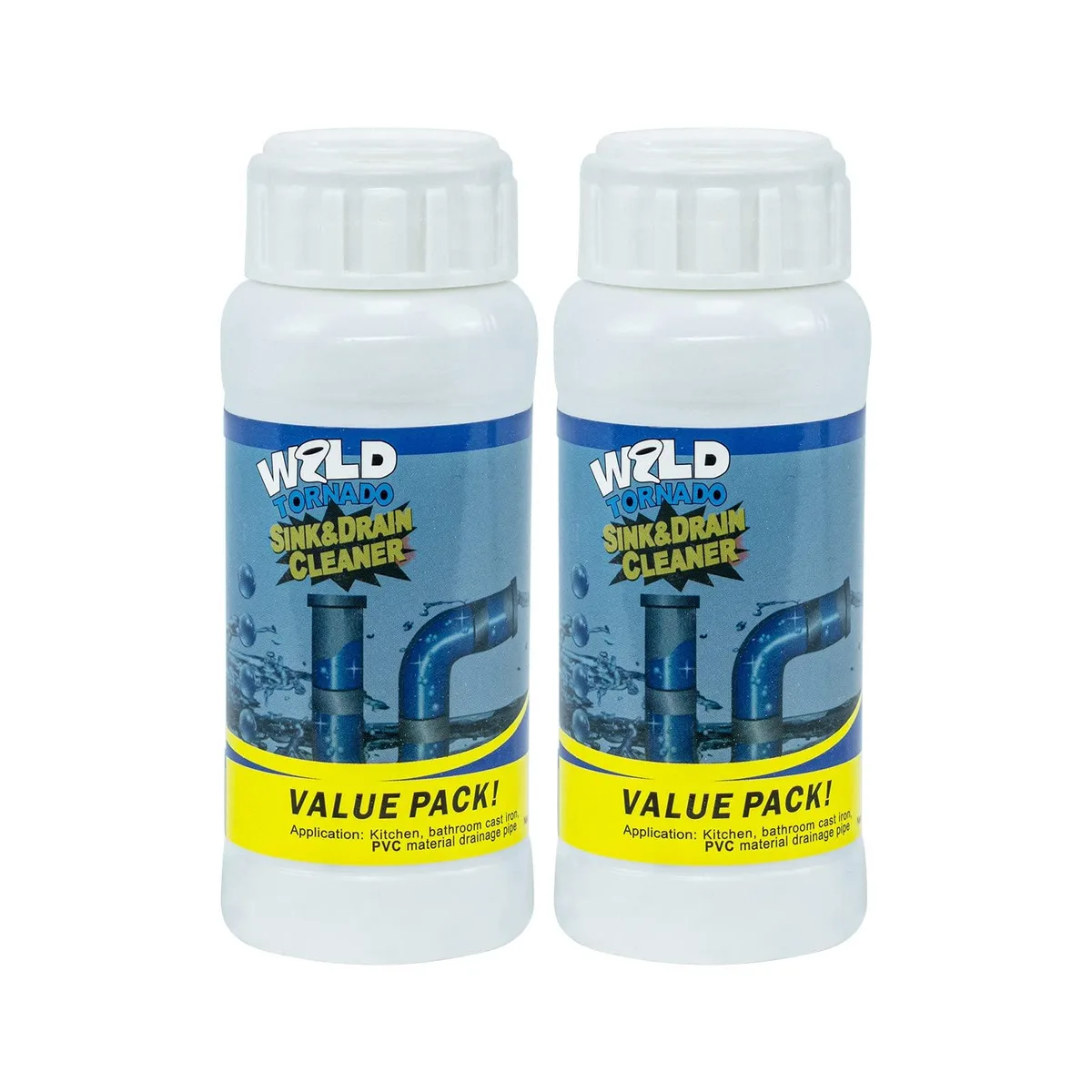 Two white cylindrical bottles of drain cleaner powder side by side