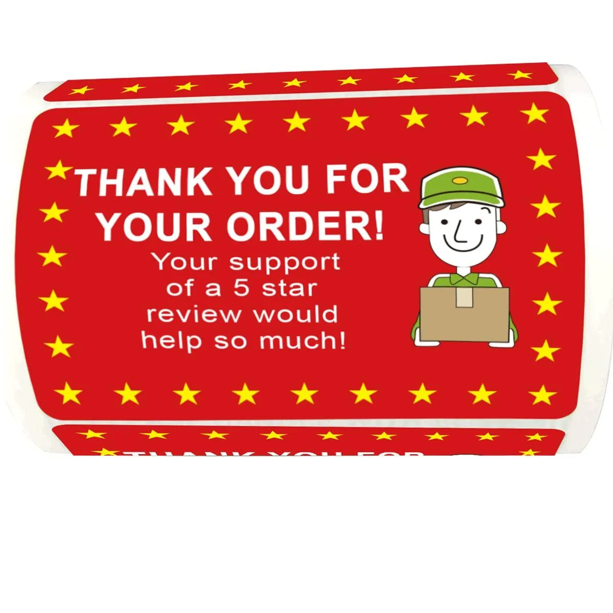 Roll of 250 red rectangular stickers printed with thank you text