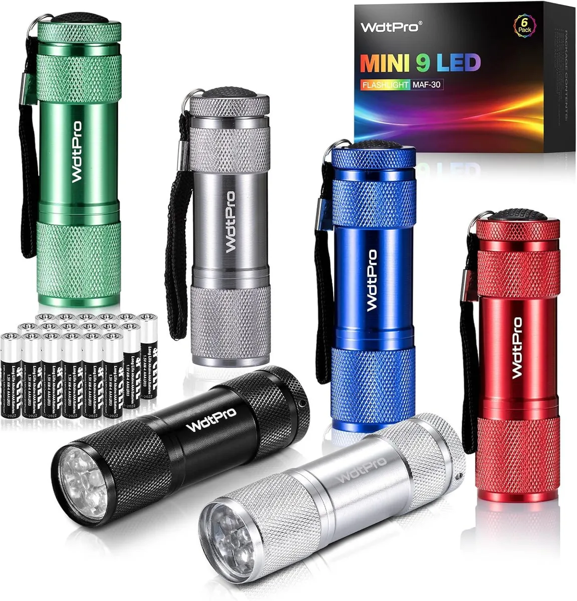 Six small aluminium flashlights in assorted colours each with a lanyard