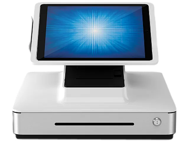 White all-in-one POS stand with iPad cradle, built-in receipt printer, barcode scanner, cash drawer and customer display