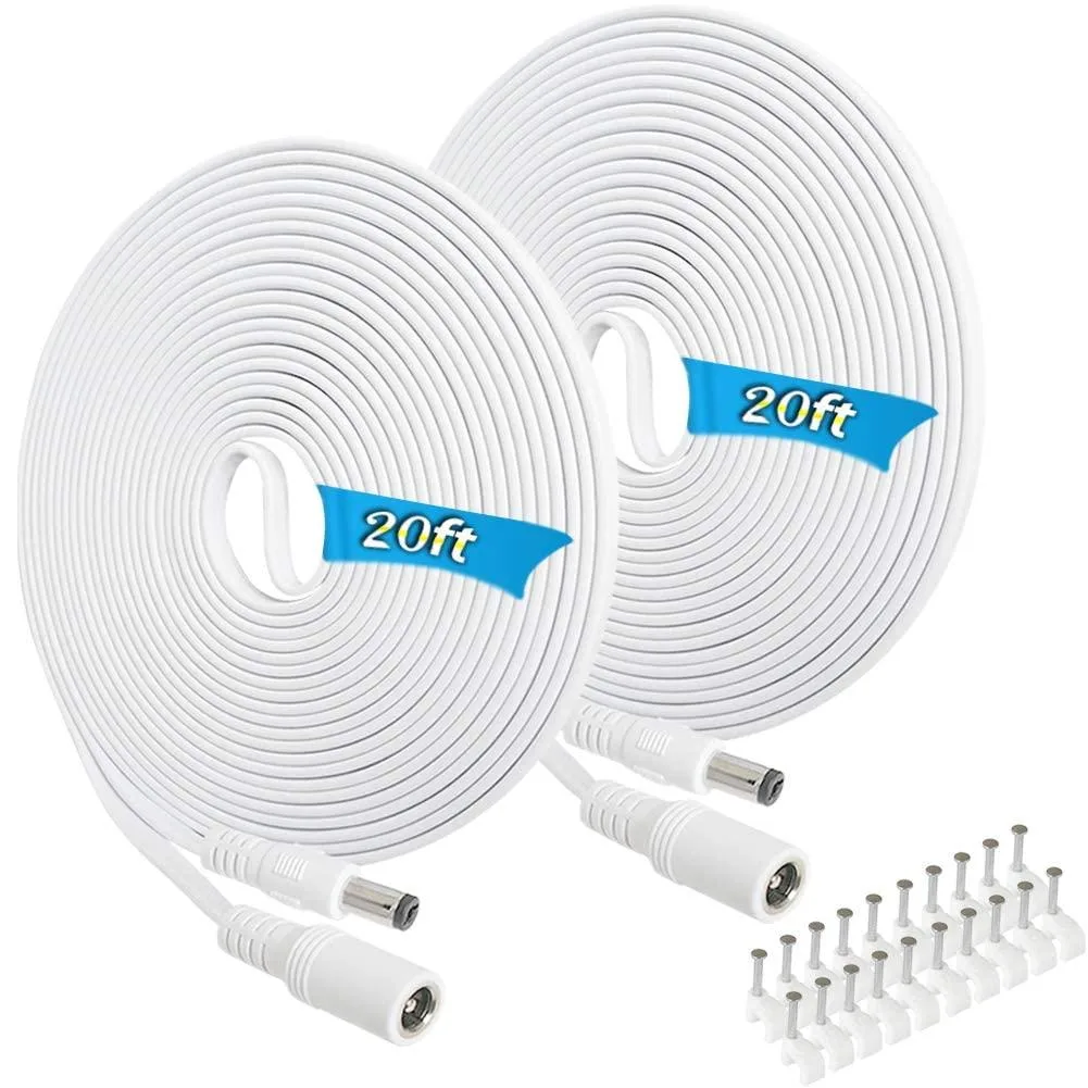 Two flat 20 ft DC extension cords with 2.1 x 5.5 mm barrel connectors