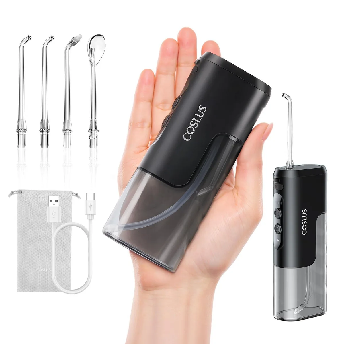 Black handheld water flosser with detachable tank and nozzle storage