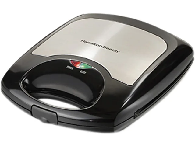 Black and stainless steel Belgian waffle maker with four-square non-stick grids, upright storage design