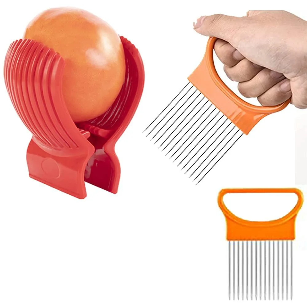 Two red plastic tomato slicer guides with stainless steel spikes, one flat holder and one poker tool