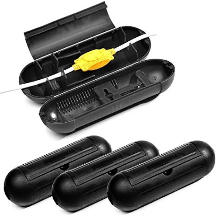 Four black capsule-shaped plastic cord protectors with rubber seals