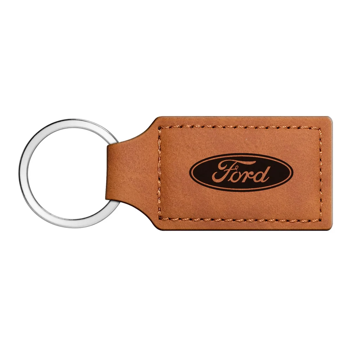 Rectangular brown leather key chain with Ford logo, 3-3/4 by 1-1/4 inches