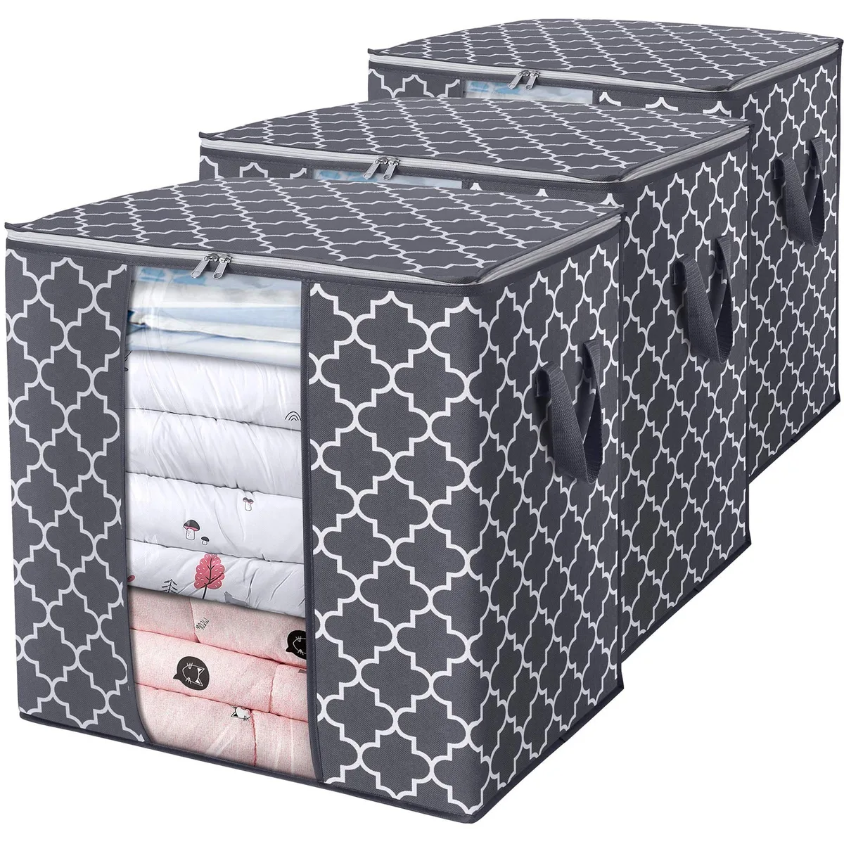 Three grey fabric storage cubes with clear windows and reinforced handles