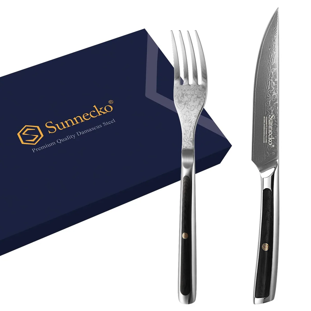 Two black Damascus steak knives and fork in gift box