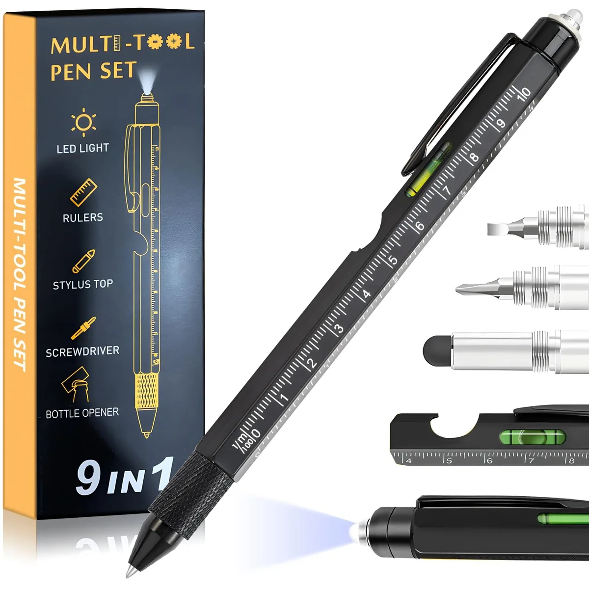  HipStreet 080019A Stylus Pen 9-in-1 LED Level Screwdrivers Black — product photo