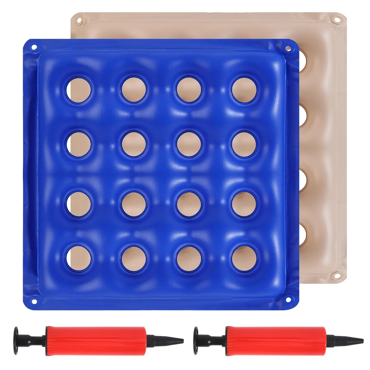 Two navy blue inflatable round seat cushions with waffle texture and air pumps