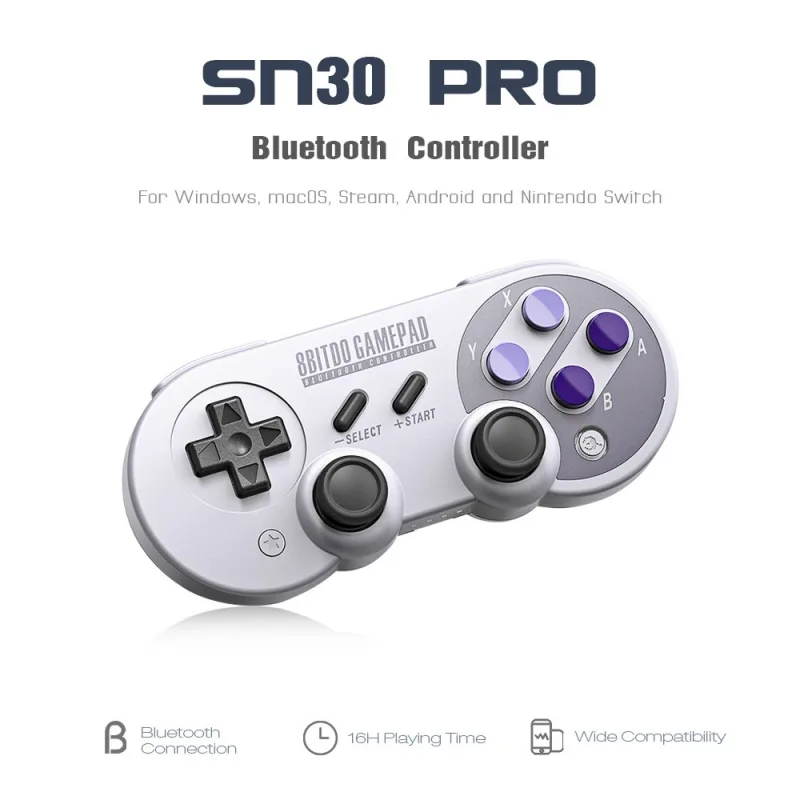 Black retro-style wireless gamepad with dual clickable joysticks, classic D-pad, four shoulder buttons, USB-C port, 16-hour battery