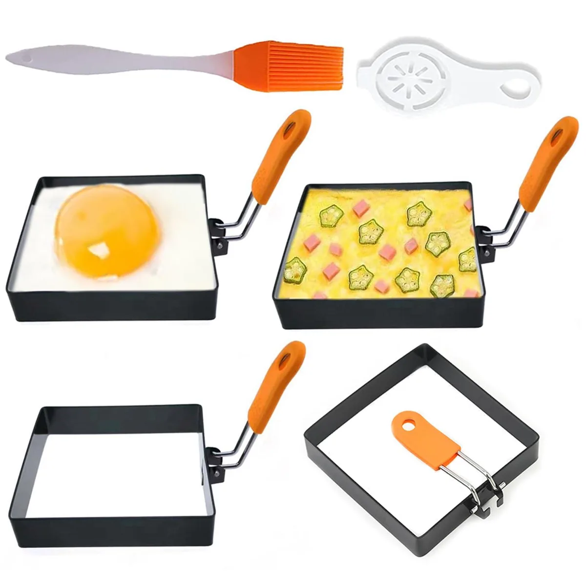 Four square stainless steel egg rings with folded silicone handles, plus a silicone oil brush and egg separator